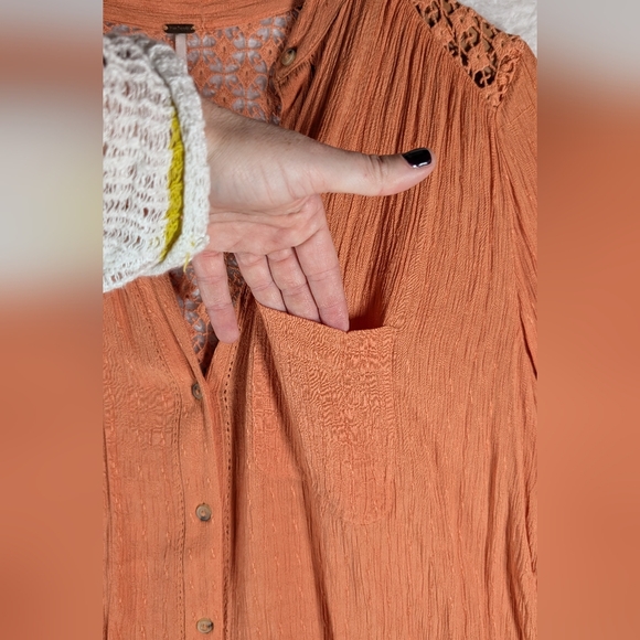 Free People Women's Orange Button-Up Top Oversize - Picture 5 of 9